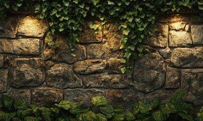 Stone wall with ivy and soft lighting creating a mood.