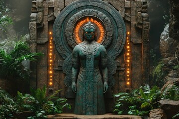 Obraz premium Ancient teal goddess statue jungle shrine glows