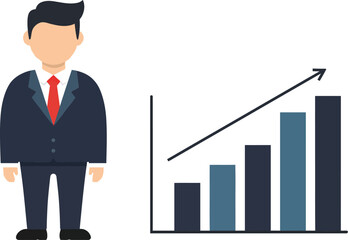 Businessman in a suit standing beside a rising bar graph in a flat design vector illustration