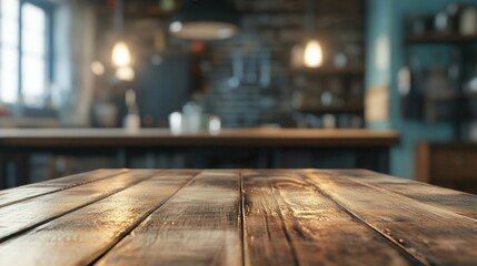 Blurred kitchen interior with wooden desk home background.