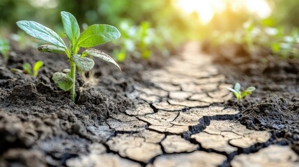 Young plants sprout in cracked, dry soil