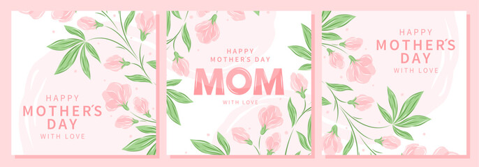 Mother's Day cards set. Spring summer floral design in pastel colors. Vector illustration for banner, poster, label, template, sale. - obrazy, fototapety, plakaty