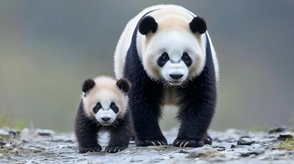 Obraz premium Giant Panda and Cub Walking in Natural Habitat