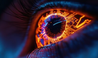 Surreal close-up of a glowing eye with intricate neon circuitry patterns, blending technology with humanity
