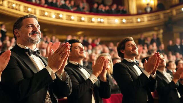 Elegant opera house audience members rise to give a standing ovation. Their expressions show awe and deep appreciation for the breathtaking performance.