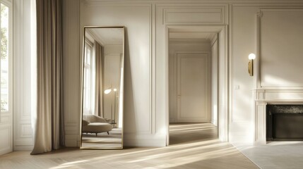 A large, full-length mirror with a brass frame, standing on the floor in front of a fireplace and bedroom door. The light wood floors and modern home decor.