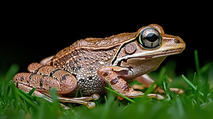 Naklejka premium Closeup of a Brown Frog on Green Grass Against a Black Background