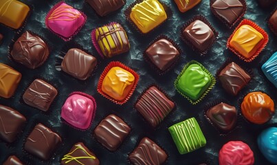 Vibrant collection of assorted chocolates in colorful wrappers, arranged dynamically on a dark textured surface for a rich and playful composition