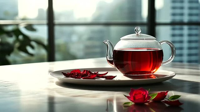 Hibiscus tea petals scattered across a white ceramic plate, their deep red color contrasting with the clean background. A glass teapot filled with brewed ruby-red tea sits beside t