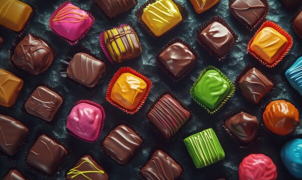 Vibrant collection of assorted chocolates in colorful wrappers, arranged dynamically on a dark textured surface for a rich and playful composition