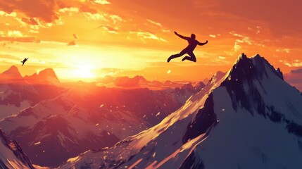 Image of a man leaping joyfully above a mountainous landscape at sunset, radiating freedom and adventure travel blogs, motivational content, adventure sports advertising, and inspirational social post