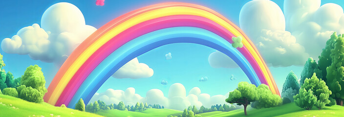 vibrant, colorful scene with a large rainbow stretching across the sky over a green, peaceful landscape. 3D cartoon style