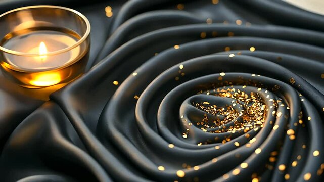 Loose-leaf tea artistically displayed in a spiral pattern on a black silk cloth, illuminated by soft candlelight. The texture and depth of each tea variety are highlighted in the l