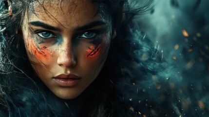 Fierce warrior woman intense gaze painted face