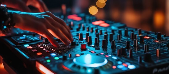 A persons hands are manipulating a digital music mixing console