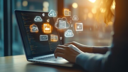 A picture of a person with a laptop, displaying cloud storage icons and multiple file ribbons encircling the screen, representing accessible cloud data for various businesses on a tablet or computer