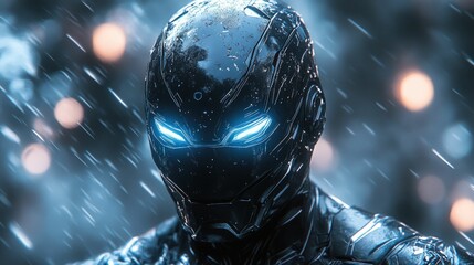 Futuristic armored figure, glowing eyes, rain backdrop