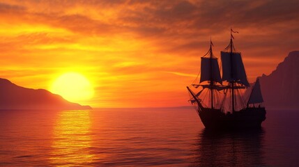 Fototapeta premium Majestic sunset over calm waters with a sailing ship silhouetted against the horizon