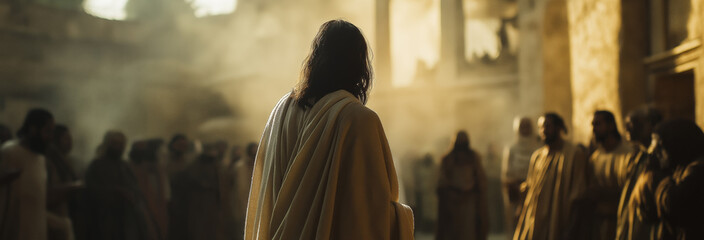 Jesus  speaks to people outside the temple