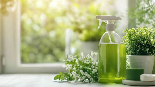 eco friendly cleaning green spray detergent in bottle, concept of spring cleaning housekeeping housework, clean bathroom house with sustainable environmentally friendly bio organic cleaning liquid