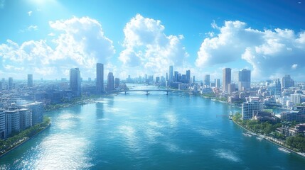 Panoramic cityscape of downtown and riverwalk with bridges at daytime. Concept of data protection regulation and privacy for individuals