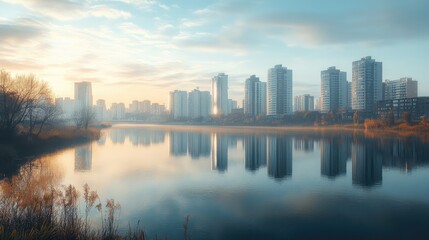 Fototapeta premium Panoramic skyline view of a district over a river at daytime. Concept of data protection regulation and privacy for all individuals in the EU