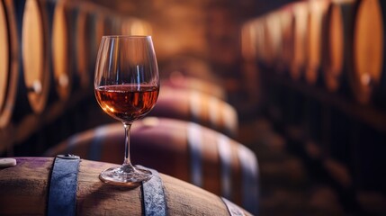 A filled wine glass sitting on top of a wooden barrel