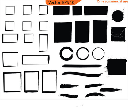 Set of black and white labels. Vector illustration of a set of abstract geometric shapes. Black paint, ink brush strokes, brushes, lines set. Ink brush strokes bundle. Brush strokes text boxes. 