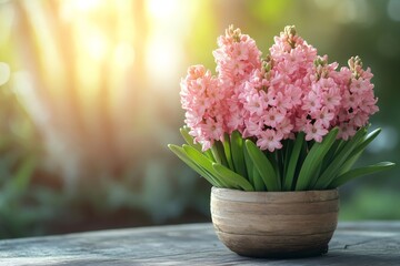Pink hyacinth flowers blooming in a pot on wooden table in warm sunlight