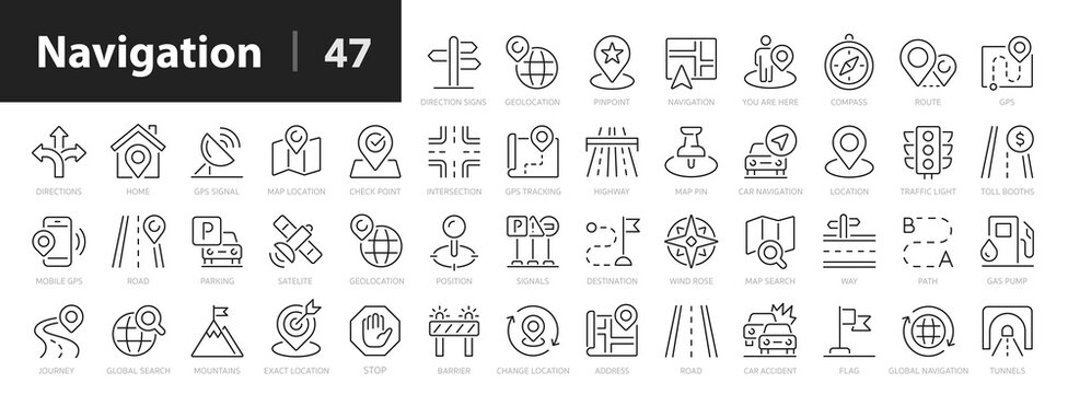 Navigation thin line icon set. Determining geographic location, route planning, and spatial orientation. Geolocation, pinpoint, map, road, compass, check point, GPS - stock vector.