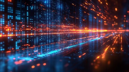 A dynamic visualization depicts abstract technological data pathways and structures