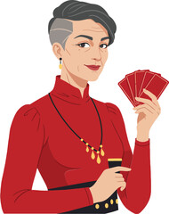 Fototapeta premium Confident woman in a red dress holding playing cards in a flat design style vector illustration