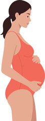 Pregnant woman in a coral swimsuit gently cradling her belly, showcasing a minimal and modern design style in vector illustration