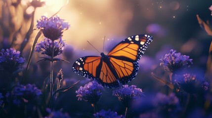 Obraz premium Monarch Butterfly Sunset Meadow - A monarch butterfly rests on purple flowers at sunset. Symbolizing transformation, beauty, nature, peace, and freedom