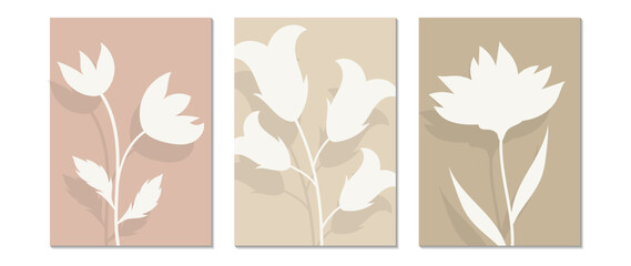 Set of abstract vector botanical posters with foliage. Leaves, flowers, organic shapes, boho, earth colors. Illustration design for eco packaging, interior, cover, wall art, wallpaper.