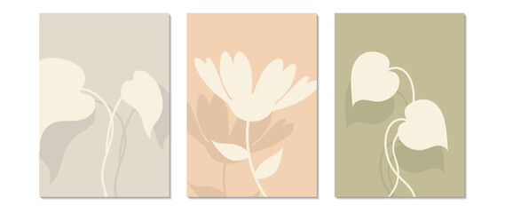 Set of abstract vector botanical posters with foliage. Leaves, flowers, organic shapes, boho, earth colors. Illustration design for eco packaging, interior, cover, wall art, wallpaper.