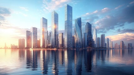 Obraz premium Skyline with waterfront view. Skyscrapers of financial downtown at daytime. Concept of data protection regulation and privacy for all individuals