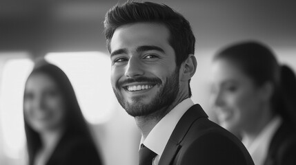 Business professional smiling at a corporate event during a networking session