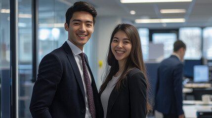 Young professionals posing in a modern office during a busy workday