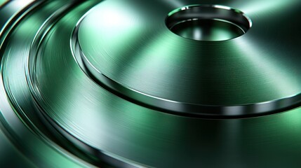 Metal concentric circles reflect green light. Hole in center, smooth curves, industrial