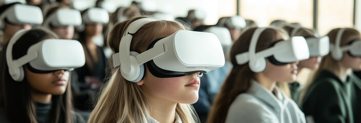 students in classroom all sitting and wearing white VR headsets
