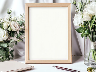 wooden frame mockup with white flowers and elegant desk accessories, minimalist home decor a blank vertical wedding sign for modern interiors with vase and pen