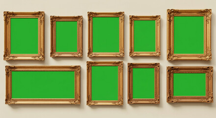A set of classic wooden frames with ornate details, arranged symmetrically on a cream-colored wall, each displaying a bright green screen.