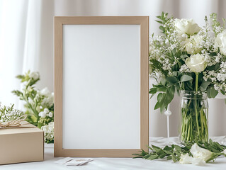 wooden frame mockup with white flowers and elegant desk accessories, minimalist home decor a blank vertical wedding sign for modern interiors, white color silk cotton cloth background