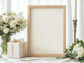 wooden frame mockup with white flowers and elegant desk accessories, minimalist home decor a blank vertical wedding sign for modern interiors, white color silk cotton cloth with gift box, candle