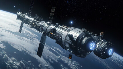 Concept of a deep-space research station with advanced propulsion systems, observation decks, and research modules for studying dark matter
