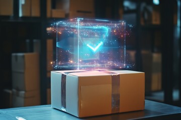 A holographic interface confirms successful delivery of a package