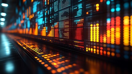 A long futuristic hallway with vibrant data display panels