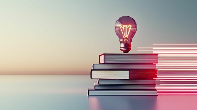 An elegant stack of books with a glowing light bulb above, representing AI-enhanced education and knowledge expansion in a modern classroom.
