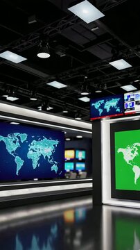 Dynamic newsroom environment with interactive global maps and broadcast displays